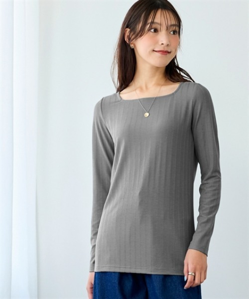 nissen（ニッセン）の「ランダムリブカットソースクエアネックトップス（薄手素材）（Tシャツ/カットソー・レディース・オレンジ/ベージュ/グレー/ブルー/ブラック・S/M/L/LL/3L）」の3枚目の写真