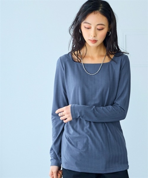 nissen（ニッセン）の「ランダムリブカットソースクエアネックトップス（薄手素材）（Tシャツ/カットソー・レディース・オレンジ/ベージュ/グレー/ブルー/ブラック・S/M/L/LL/3L）」の5枚目の写真