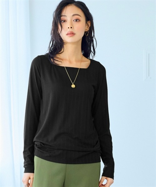 nissen（ニッセン）の「ランダムリブカットソースクエアネックトップス（薄手素材）（Tシャツ/カットソー・レディース・オレンジ/ベージュ/グレー/ブルー/ブラック・S/M/L/LL/3L）」の2枚目の写真