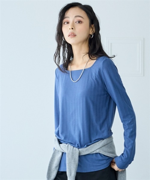 nissen（ニッセン）の「ランダムリブカットソースクエアネックトップス（薄手素材）（Tシャツ/カットソー・レディース・オレンジ/ベージュ/グレー/ブルー/ブラック・S/M/L/LL/3L）」の13枚目の写真