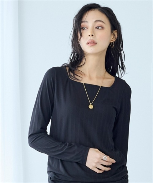 nissen（ニッセン）の「ランダムリブカットソースクエアネックトップス（薄手素材）（Tシャツ/カットソー・レディース・オレンジ/ベージュ/グレー/ブルー/ブラック・S/M/L/LL/3L）」の6枚目の写真