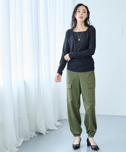 nissen（ニッセン）の「ランダムリブカットソースクエアネックトップス（薄手素材）（Tシャツ/カットソー・レディース・オレンジ/ベージュ/グレー/ブルー/ブラック・S/M/L/LL/3L）」の7枚目の写真