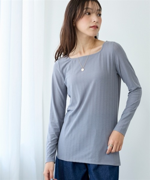 nissen（ニッセン）の「ランダムリブカットソースクエアネックトップス（薄手素材）（Tシャツ/カットソー・レディース・オレンジ/ベージュ/グレー/ブルー/ブラック・S/M/L/LL/3L）」の9枚目の写真