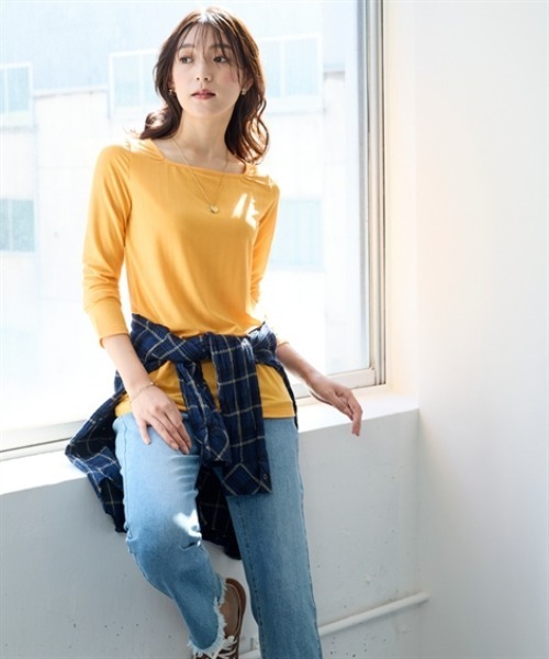 nissen（ニッセン）の「ランダムリブカットソースクエアネックトップス（薄手素材）（Tシャツ/カットソー・レディース・オレンジ/ベージュ/グレー/ブルー/ブラック・S/M/L/LL/3L）」の16枚目の写真