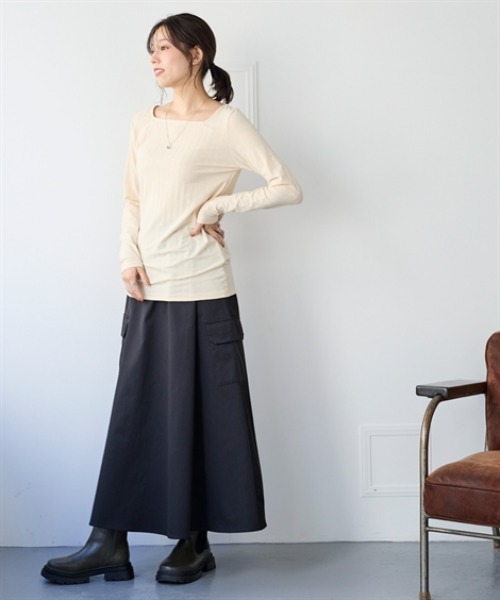 nissen（ニッセン）の「ランダムリブカットソースクエアネックトップス（薄手素材）（Tシャツ/カットソー・レディース・オレンジ/ベージュ/グレー/ブルー/ブラック・S/M/L/LL/3L）」の12枚目の写真