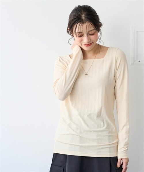 nissen（ニッセン）の「ランダムリブカットソースクエアネックトップス（薄手素材）（Tシャツ/カットソー・レディース・オレンジ/ベージュ/グレー/ブルー/ブラック・S/M/L/LL/3L）」の11枚目の写真