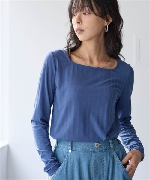 nissen（ニッセン）の「ランダムリブカットソースクエアネックトップス（薄手素材）（Tシャツ/カットソー・レディース・オレンジ/ベージュ/グレー/ブルー/ブラック・S/M/L/LL/3L）」の21枚目の写真