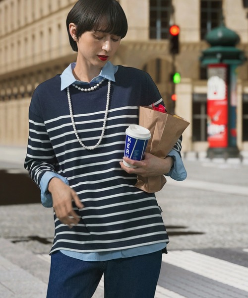 AIGLE(エーグル)の「マリンストライプ ロングスリーブボーダーTシャツ RP 長袖Tシャツ(Tシャツ/カットソー・レディース・ホワイト/ダークブルー・S/M/L/XS)」の7枚目の写真