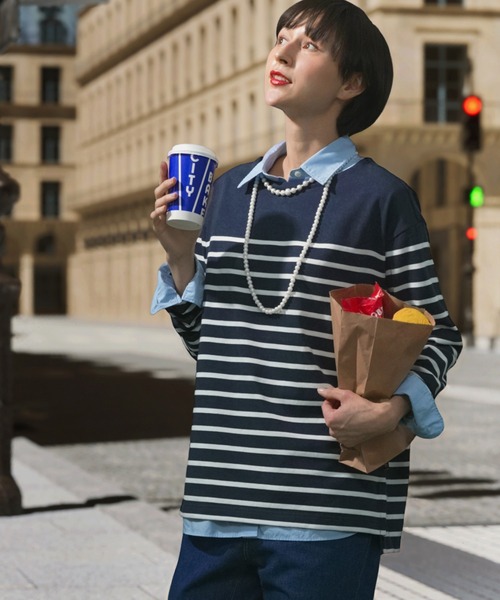 AIGLE(エーグル)の「マリンストライプ ロングスリーブボーダーTシャツ RP 長袖Tシャツ(Tシャツ/カットソー・レディース・ホワイト/ダークブルー・S/M/L/XS)」の8枚目の写真