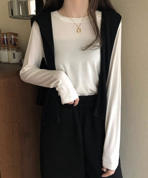 aimoha(アイモハ)の「シンプル無地長袖カットソー(Tシャツ/カットソー・レディース・ダークグリーン/ダークグレー/ホワイト/ブラック/ベージュ/ピンク・FREE)」の2枚目の写真
