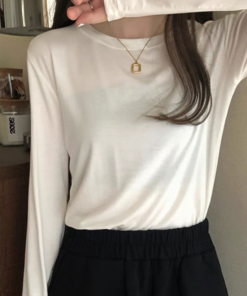 aimoha(アイモハ)の「シンプル無地長袖カットソー(Tシャツ/カットソー・レディース・ダークグリーン/ダークグレー/ホワイト/ブラック/ベージュ/ピンク・FREE)」の14枚目の写真