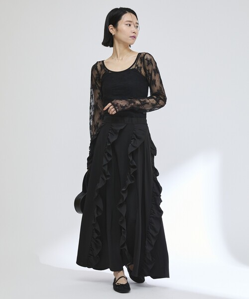 Firsthand(ファーストハンド)の「Firsthand/ファーストハンド イージー プリントフリルギャザーマキシスカート / 柄切り替えデザイン(スカート・レディース・ドット/ブラック/その他・FREE)」の2枚目の写真