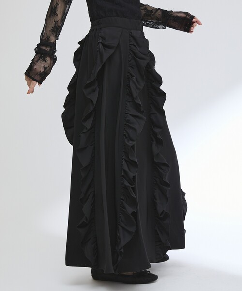 Firsthand(ファーストハンド)の「Firsthand/ファーストハンド イージー プリントフリルギャザーマキシスカート / 柄切り替えデザイン(スカート・レディース・ドット/ブラック/その他・FREE)」の4枚目の写真