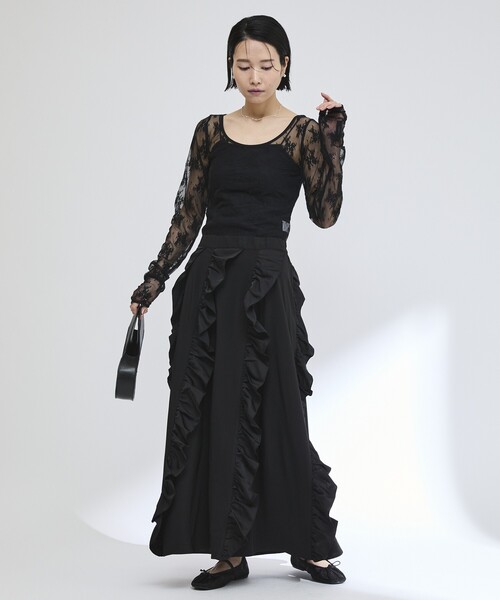 Firsthand(ファーストハンド)の「Firsthand/ファーストハンド イージー プリントフリルギャザーマキシスカート / 柄切り替えデザイン(スカート・レディース・ドット/ブラック/その他・FREE)」の8枚目の写真