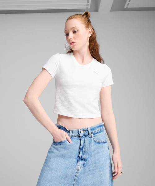PUMA(プーマ)の「PUMA プーマ ウィメンズ デア トゥ テクスチャード ベビー 半袖 Tシャツ(Tシャツ/カットソー・レディース・ブルー系その他/ホワイト/ブラック・X-SMALL/SMALL/MEDIUM/LARGE)」の2枚目の写真