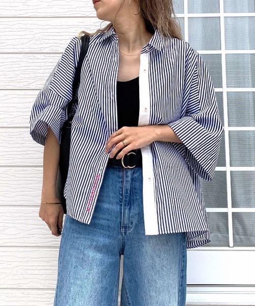 セール】フロント刺繍バイカラーシャツ（シャツ/ブラウス）｜Q
