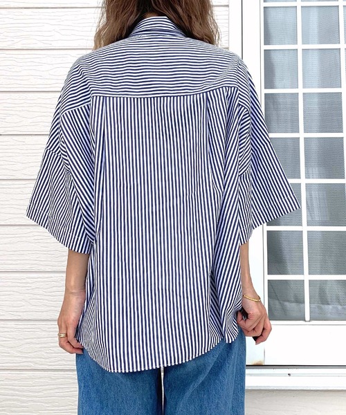 Q（キュー）の「フロント刺繍バイカラーシャツ（シャツ/ブラウス・レディース・ピンク系/ネイビー系・MEDIUM）」の4枚目の写真