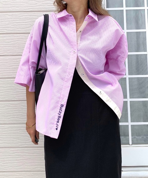 Q（キュー）の「フロント刺繍バイカラーシャツ（シャツ/ブラウス・レディース・ピンク系/ネイビー系・MEDIUM）」の12枚目の写真