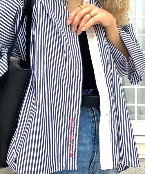 Q（キュー）の「フロント刺繍バイカラーシャツ（シャツ/ブラウス・レディース・ピンク系/ネイビー系・MEDIUM）」の19枚目の写真