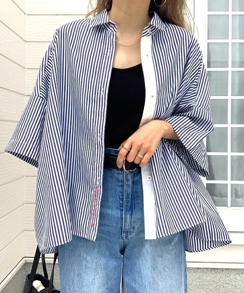 セール】フロント刺繍バイカラーシャツ（シャツ/ブラウス）｜Q