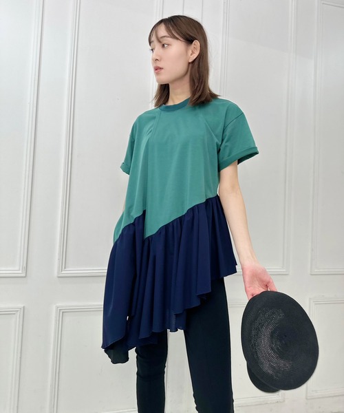 FLUMOR(フラマー)の「ラッフルデザインジャージーロングTシャツ(チュニック・レディース・ブラック/グリーン・38)」の11枚目の写真