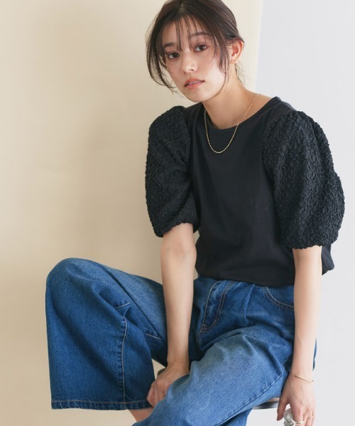 Pierrot(ピエロ)の「ジャカードスリーブTシャツ(Tシャツ/カットソー・レディース・ブラック/オフホワイト/ブルー・M/L)」の20枚目の写真