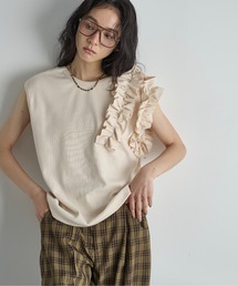 アシメラッフルフレンチスリーブリブトップス