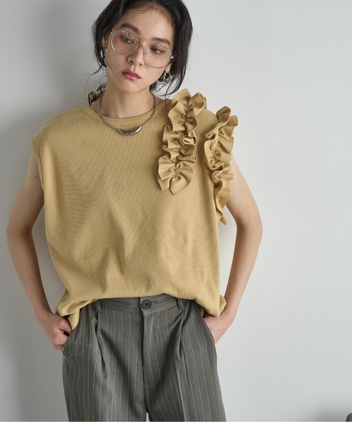 ★ぬゆん★23区Lサイズ フレンチコットンテリーロゴトップス ブラック フレンチスリーブ カットソー フレンチ袖カットソー レディース