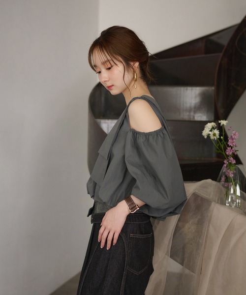 mideal バルーンワンショルダートップス チャコールグレー セール】balloon one shoulder tops / バルーンワンショルダー