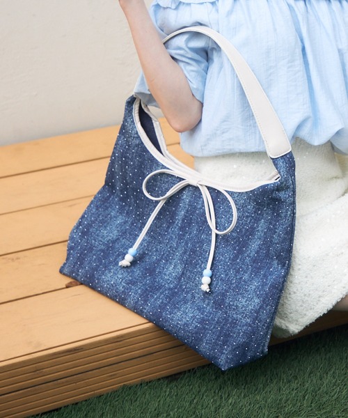 ブラックWデニム♡刺繍のリボンバッグ♡ストーン付き ブラックWデニム♡刺繍のリボンバッグ♡ストーン付き