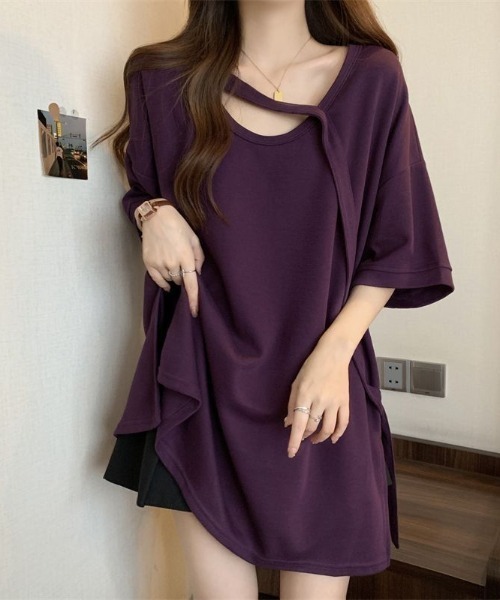 SHEPP（シープ）の「ネックストラップ オーバーサイズ シルエット Tシャツ（Tシャツ/カットソー・レディース・ベージュ/パープル/ブラック/ホワイト・F）」の8枚目の写真