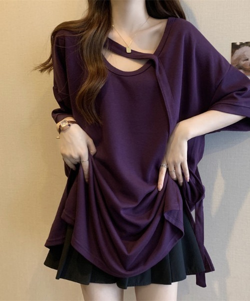 SHEPP（シープ）の「ネックストラップ オーバーサイズ シルエット Tシャツ（Tシャツ/カットソー・レディース・ベージュ/パープル/ブラック/ホワイト・F）」の7枚目の写真