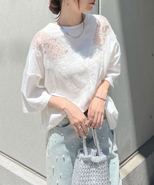 Futier land(フューティアランド)の「レースドッキングTシャツ(Tシャツ/カットソー・レディース・グレー/ブラック/ホワイト・FREE)」の1枚目の写真