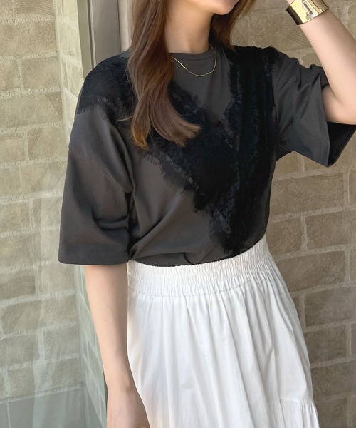 Futier land(フューティアランド)の「レースドッキングTシャツ(Tシャツ/カットソー・レディース・グレー/ブラック/ホワイト・FREE)」の4枚目の写真