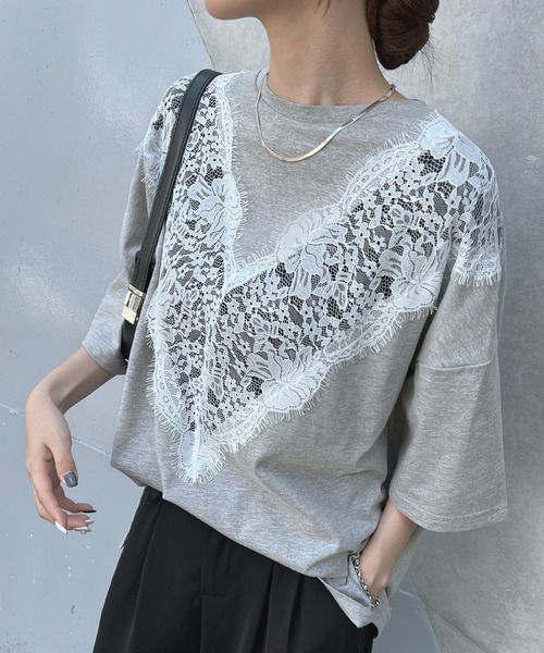Futier land(フューティアランド)の「レースドッキングTシャツ(Tシャツ/カットソー・レディース・グレー/ブラック/ホワイト・FREE)」の9枚目の写真