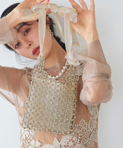 RUIRUE BOUTIQUE(ルイルエブティック)の「2way オーガンジー リボン ハンドル ビーズバッグ | レディース 結婚式 パーティーバッグ オケージョン セレモニー フォーマル お呼ばれ ハンドバッグ ショルダーバッグ(ハンドバッグ・レディース・ベージュ/ブラック/シルバー・FREE)」の1枚目の写真