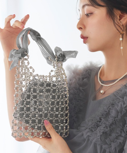 2way オーガンジー リボン ハンドル ビーズバッグ ｜ レディース