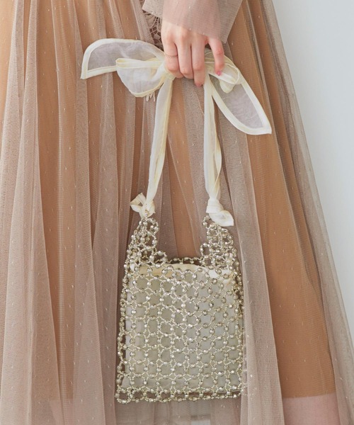 2way オーガンジー リボン ハンドル ビーズバッグ ｜ レディース