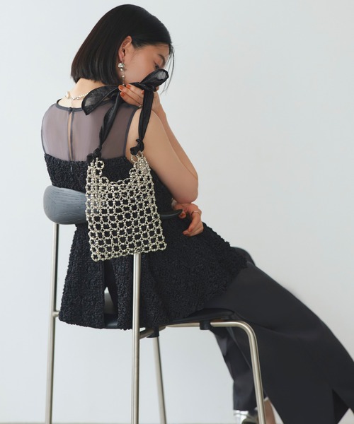 2way オーガンジー リボン ハンドル ビーズバッグ ｜ レディース