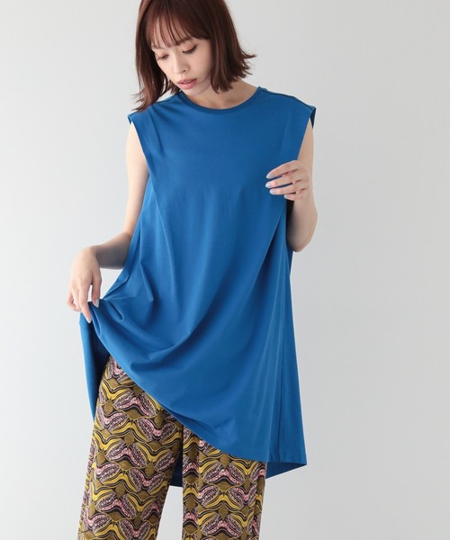 Green　Parks（グリーンパークス）の「配色ステッチノースリーブチュニック（チュニック・レディース・イエロー/カーキ/ブルー・FREE）」の3枚目の写真