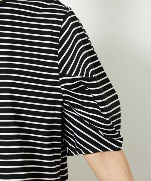 セール】[接触冷感]袖タックボーダーカットソー（Tシャツ/カットソー