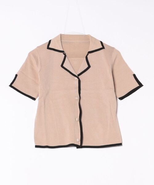 Sibra(シブラ)の「配色パイピングショートシャツ(Tシャツ/カットソー・レディース・ブラック/ベージュ/ホワイト・M)」の1枚目の写真