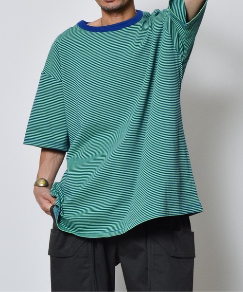 MODISH GAZE(モディシュガゼ)の「【MODISH GAZE】ボーダー天竺半袖T(Tシャツ/カットソー・メンズ・グリーン・LARGE/MEDIUM)」の3枚目の写真