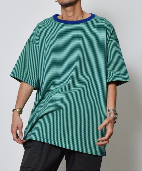 MODISH GAZE(モディシュガゼ)の「【MODISH GAZE】ボーダー天竺半袖T(Tシャツ/カットソー・メンズ・グリーン・LARGE/MEDIUM)」の4枚目の写真