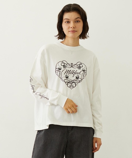 MILKFED.(ミルクフェド)の「HEART AND ROSE L/S TEE(Tシャツ/カットソー・レディース・ブラック/ライトピンク/ホワイト・M/L)」の1枚目の写真