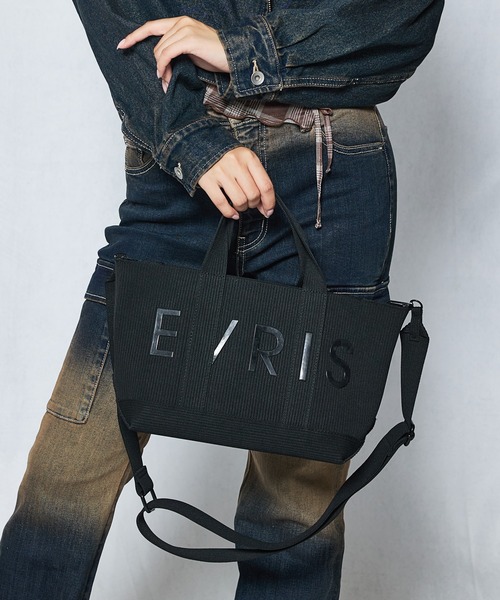 EVRIS(エヴリス)の「【EVRIS/エブリス】ロゴリブニット ミニトートバッグ/500mlペットボトル収納可(トートバッグ・レディース・ベージュ/ブラック・FREE)」の1枚目の写真