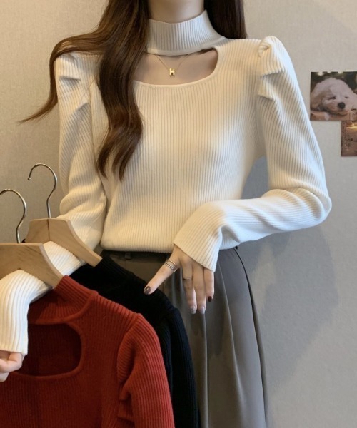 Mejoul（メジュール）の「【2025秋冬新作】チョーカー パフスリーブリブニット（ニット/セーター・レディース・カーキ/ブラック/アイボリー/グレー/レッド・F）」の6枚目の写真