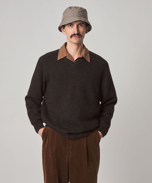 Steven alan ダークブラウン ニットセーター ユナイテッドアローズ Steven Alan＞ アルパカ サドルショルダー Vネック ニット NARROW