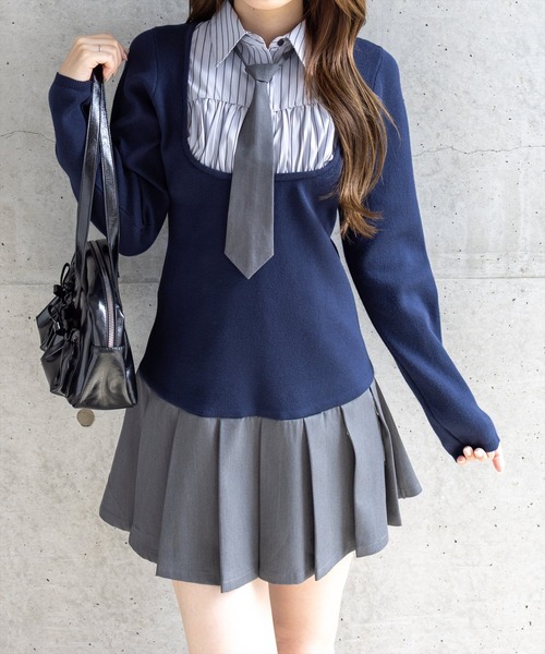 clear（クリア）の「ニットドッキングシャツミニワンピース［韓国ファッション ガーリー］（ワンピース・レディース・ネイビー/ブラック・F）」の2枚目の写真