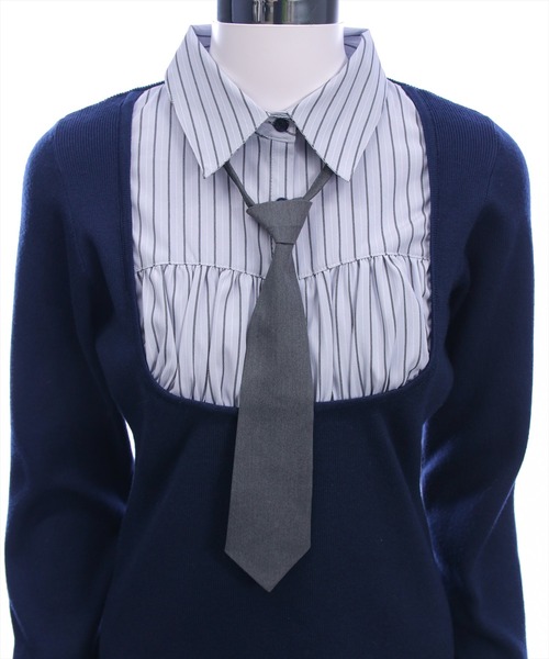 clear（クリア）の「ニットドッキングシャツミニワンピース［韓国ファッション ガーリー］（ワンピース・レディース・ネイビー/ブラック・F）」の8枚目の写真